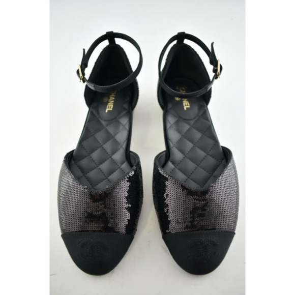 Chanel 20S Black Sequin CC Logo Mary Jane Ankle Strap Ballet Ballerina Flat 38 - Picture 5 of 12